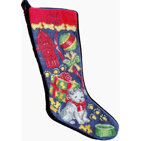 Lands' End Needlepoint Christmas Stocking Dogs Pet Wool Monogram Discontinued C4 - Picture 1 of 10